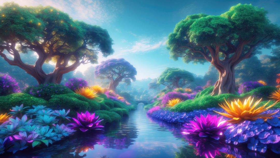 Mystical enchanted forest with vibrant lotus flowers along a serene stream, garden of eden concept