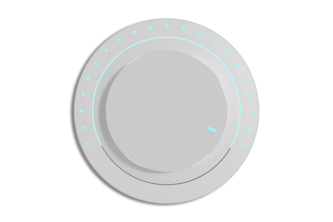 Grey Circular Control Knob with Blue Light Dots on Transparent Background