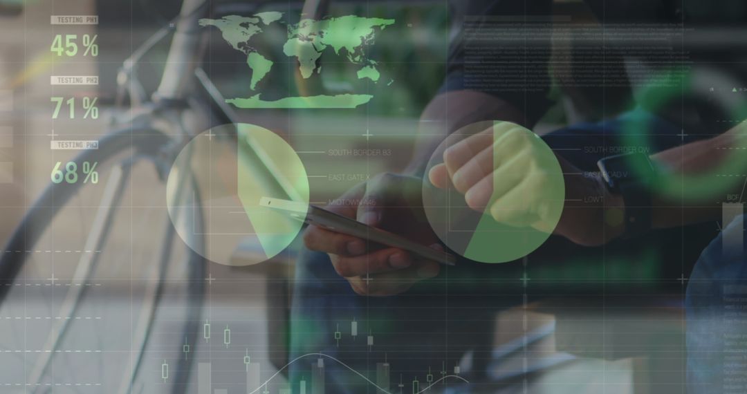 Businessman Analyzing Data on Smartphone with Digital Tech Overlay