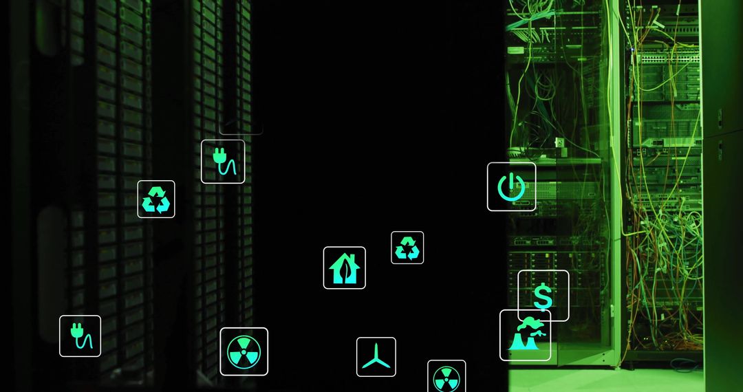 Ecology Icons Overlaying Green Glowing Server Room