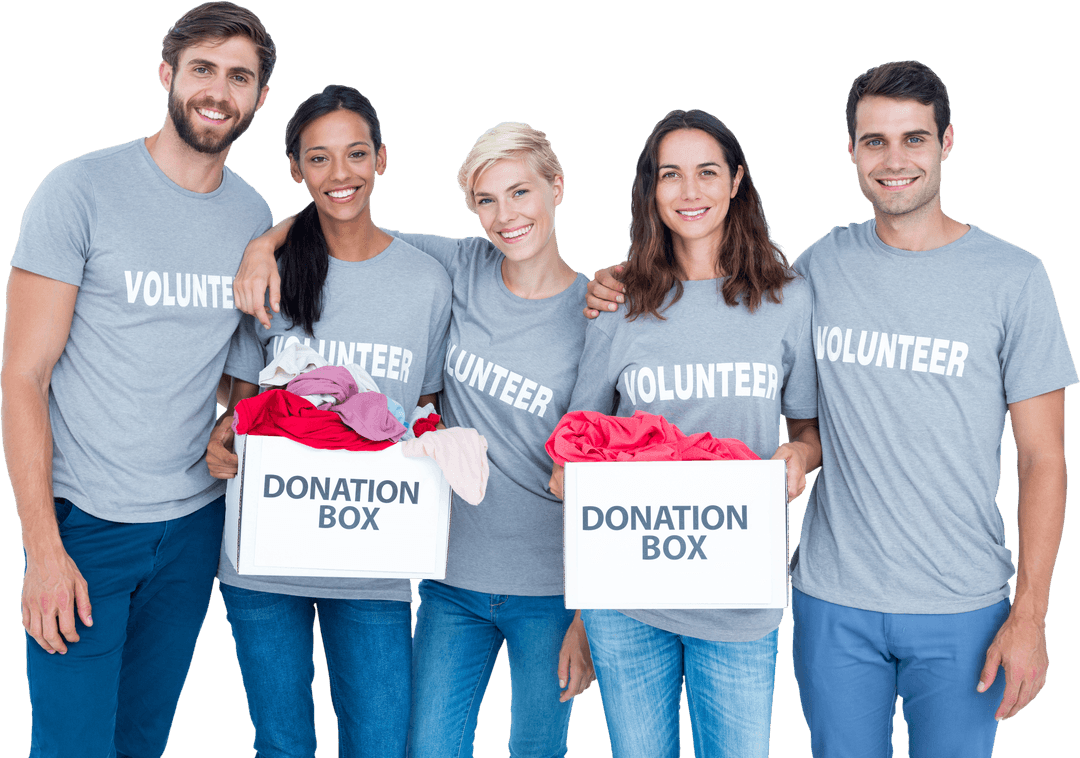 Transparent Volunteers Smiling with Donation Boxes Illustration