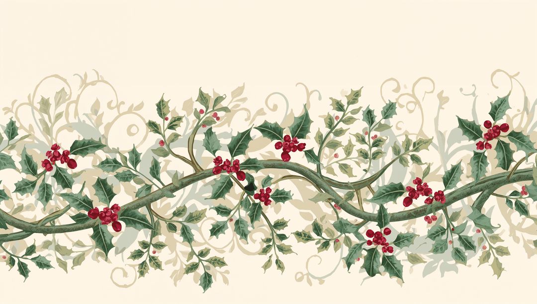 Twining holly vine with red berries on warm cream for festive border, wallpaper, pattern