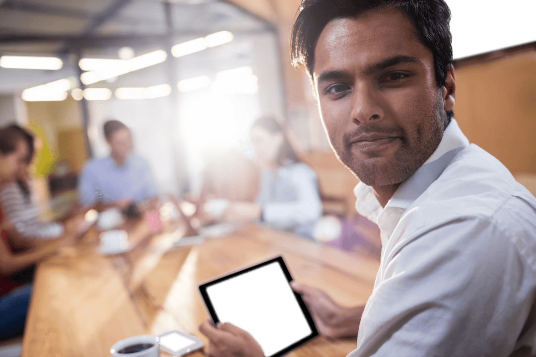 Transparent Portrait of Businessman Holding Digital Tablet at Work