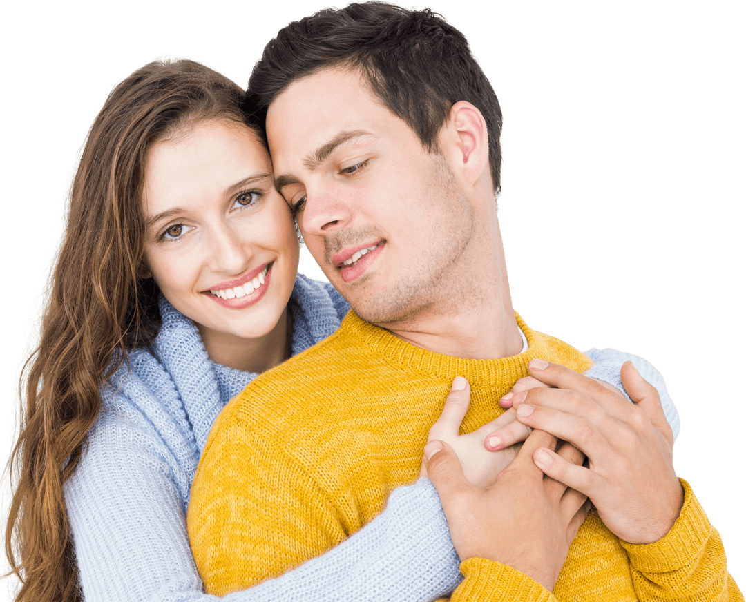Smiling Caucasian Couple in Embrace on Transparent Background