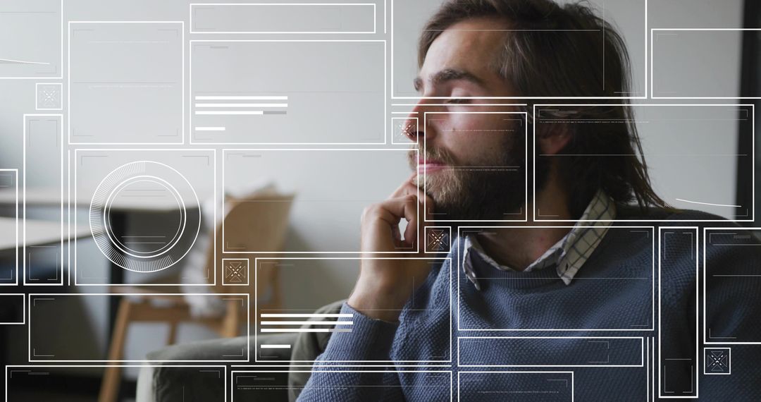 Man in Deep Thought Surrounded by Digital Interface Icons