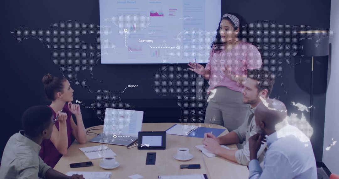 Team Collaborating in Boardroom, Woman Presenting Global Data Visuals on Screen