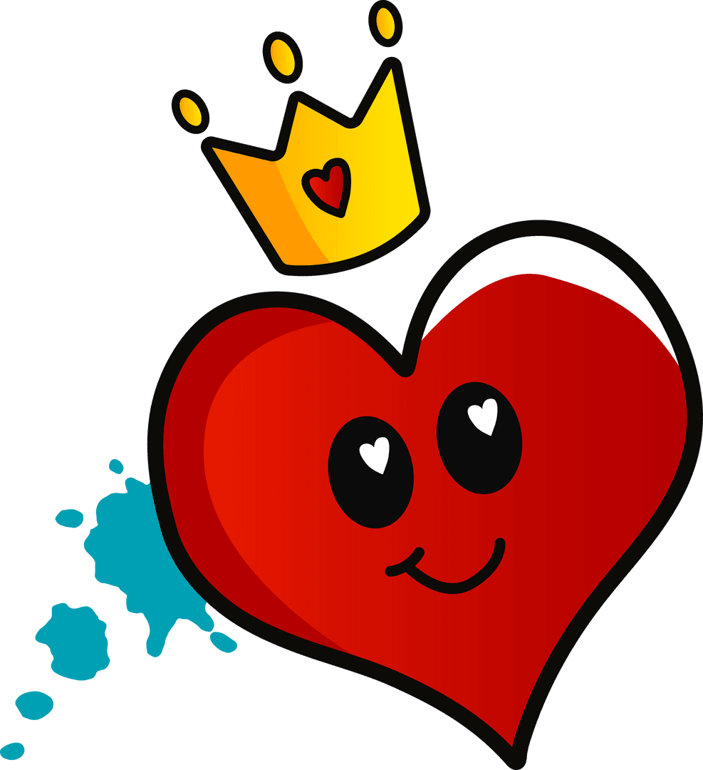 Playful Red Heart with Crown and Blue Splatter Transparent Design