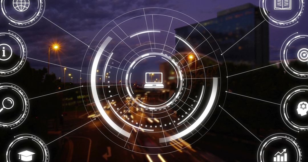 Futuristic Digital Interface Overlay with Cityscape Illumination