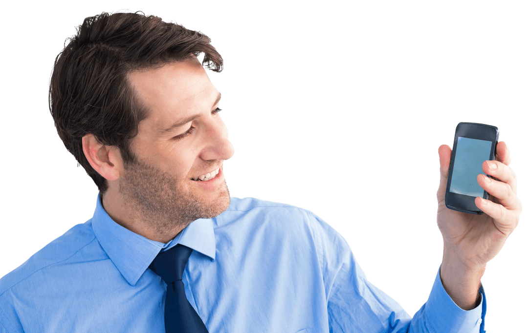 Happy Businessman Presenting Smartphone with Transparent Background