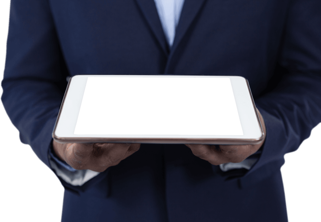 Businessman Holding Transparent Digital Tablet for Presentation Design