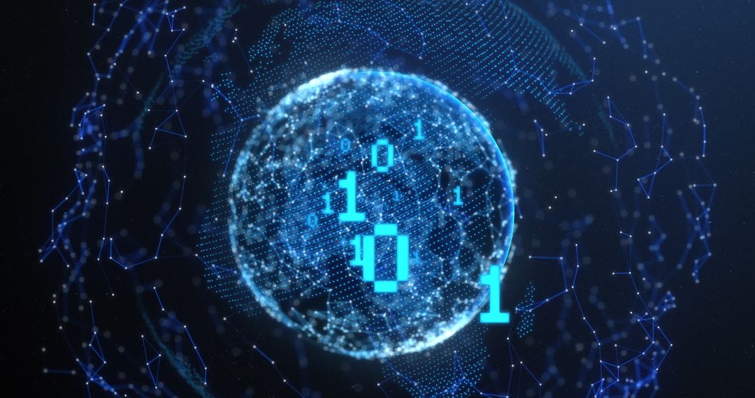 Digital Sphere with Binary Code Elements on Dark Background
