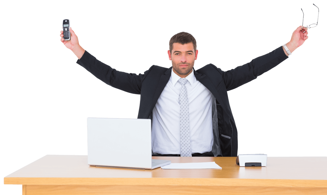 Confident Business Professional Holding Phone and Glasses, Transparent Background