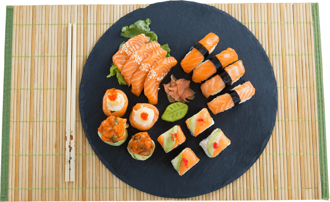 Variety of Salmon Sushi on Round Plate with Bamboo Mat Transparent Background