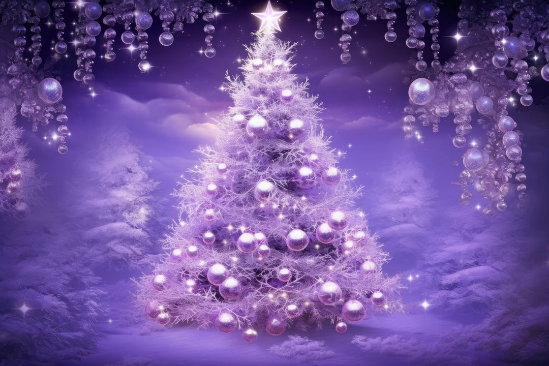 Elegant Christmas Tree with Purple Decorations and Sparkling Ornaments - Free Images, Stock Photos and Pictures on Pikwizard.com