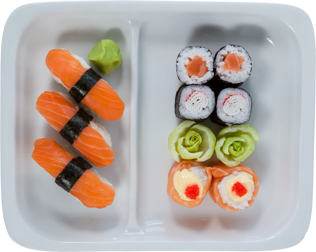 Transparent Bento Plate with Various Sushi Assortments Close Up - Download Free Stock Images Pikwizard.com