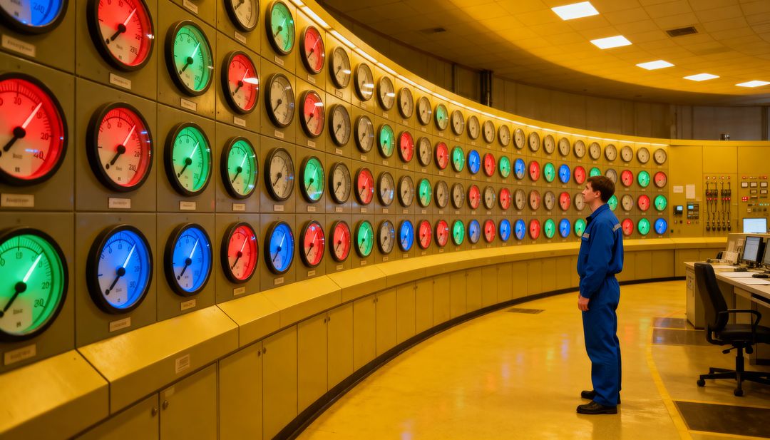 Technician monitoring curved panel with colorful analog gauges in industrial control room