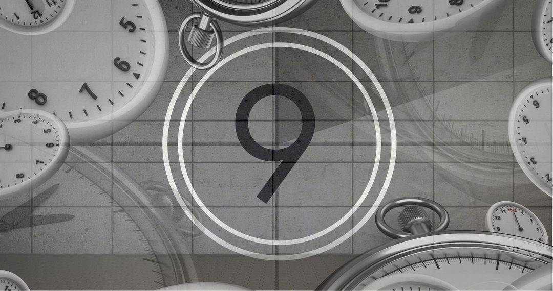 Vintage Countdown Number Nine with Clocks in Black and White