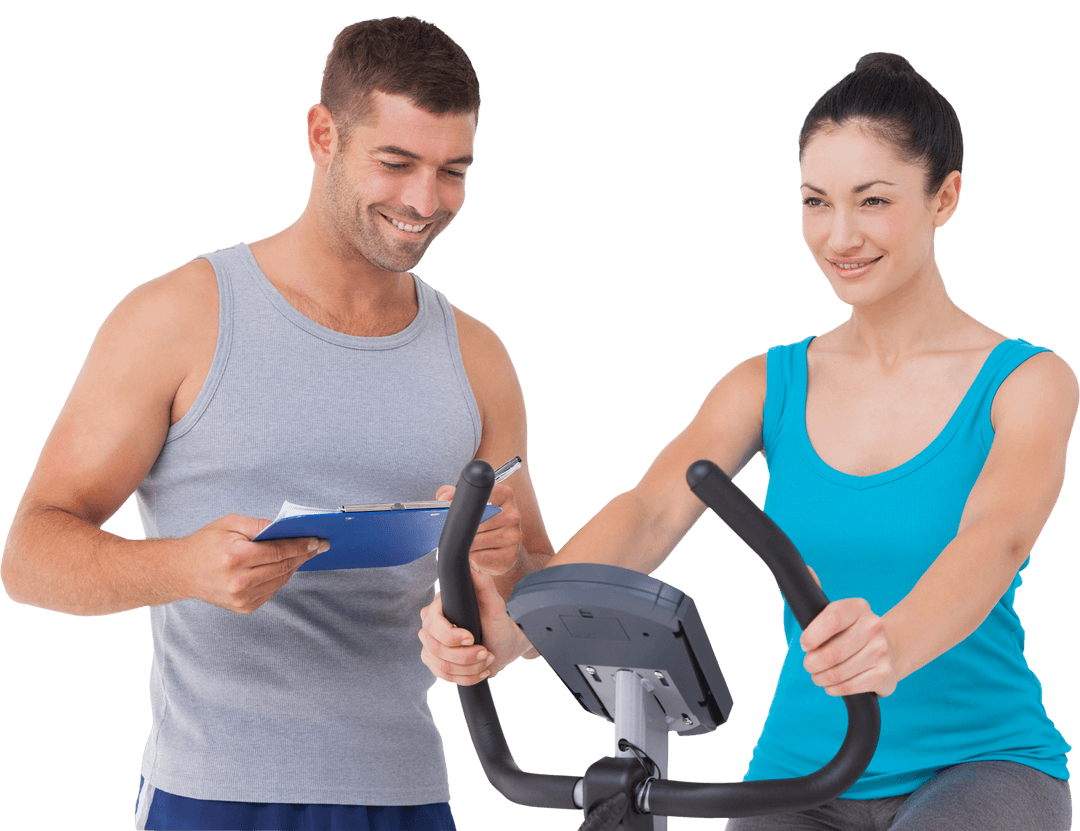 Personal Trainer Guiding Client on Transparent Exercise Bike