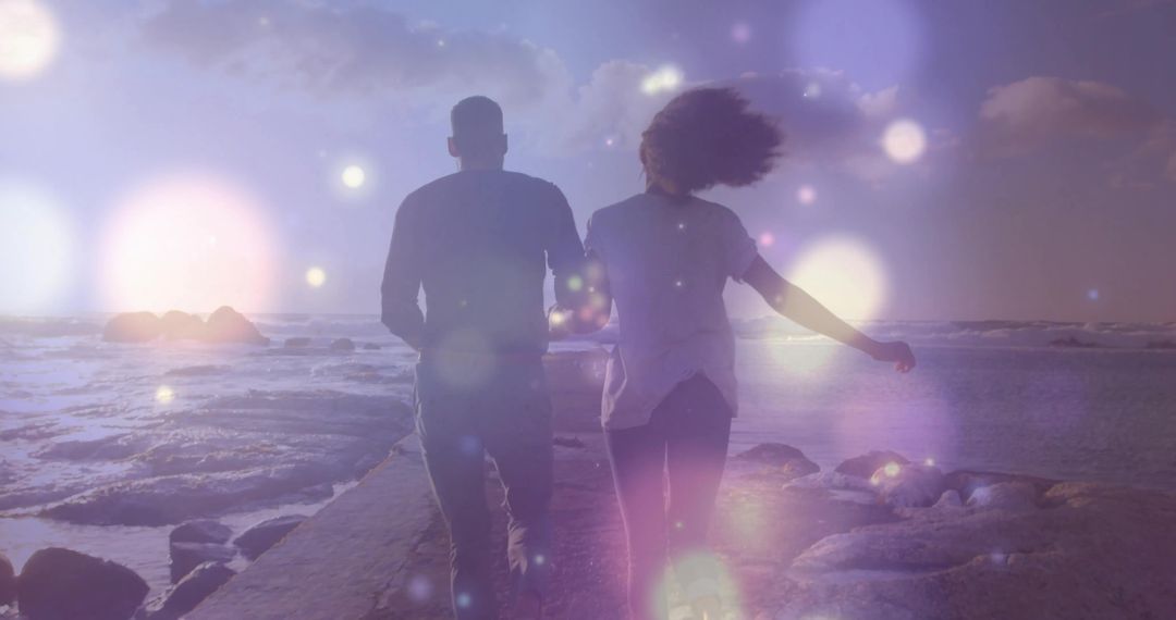 Romantic Stroll At Dusk Along Ocean Jetty With Bokeh Effects