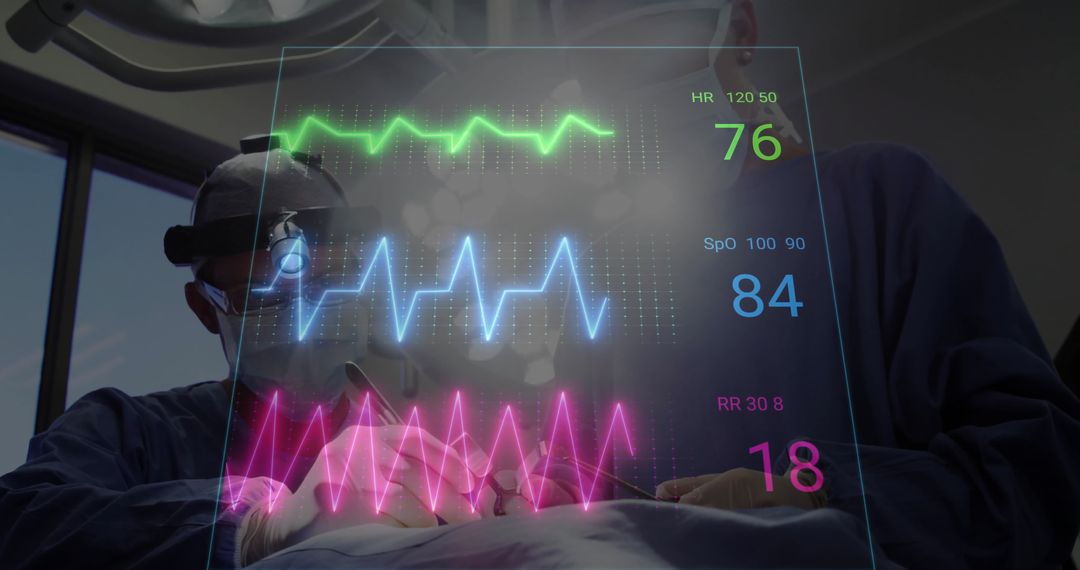 Surgeons in Operation Theater with Digital Cardiograph Overlay