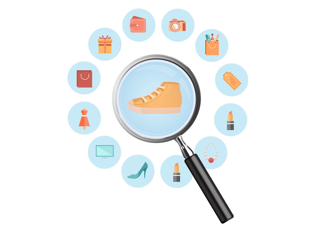 Shopping Icons Under Magnifying Glass Illustration on Transparent Background