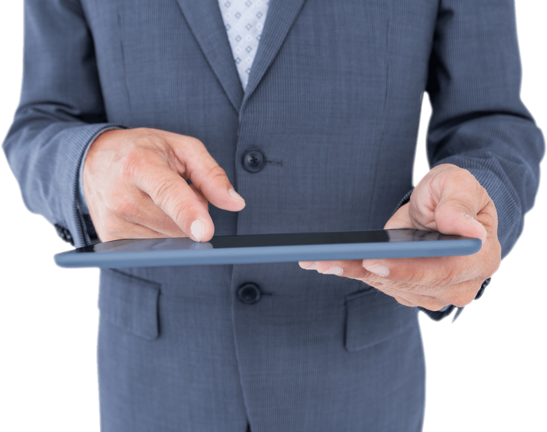 Businessman Interacting with Tablet on Transparent Background