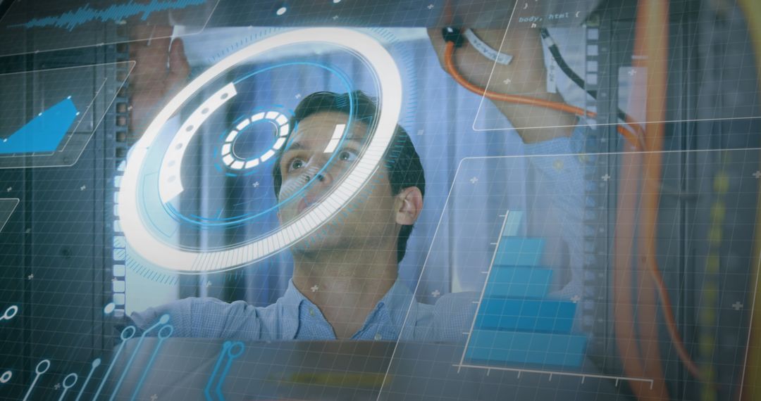 IT Technician Engaging with Futuristic Holographic Interface