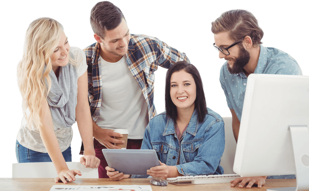 Transparent Office Team Collaboration with Digital Tablet In Bright Workspace