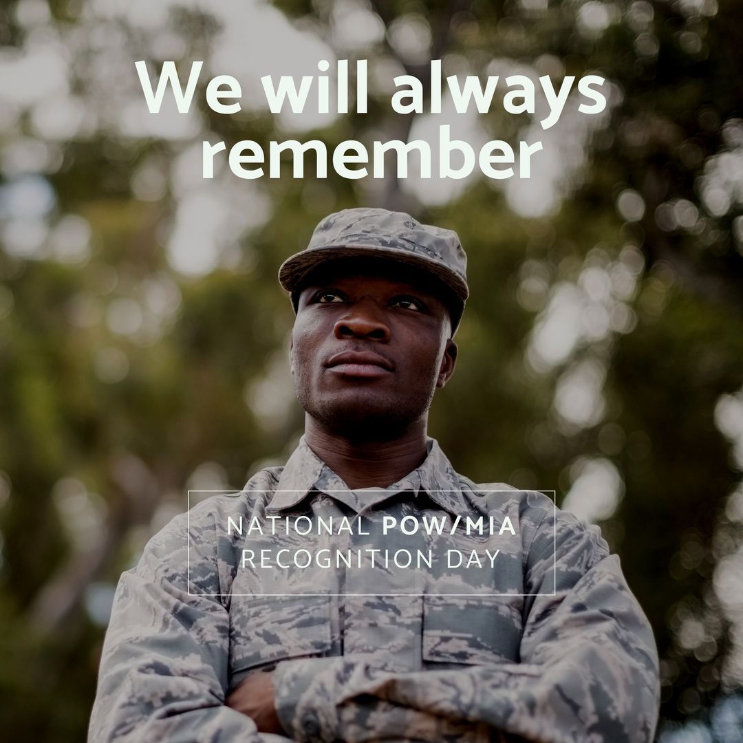 Animation of national pow mia recognition day text over african american soldier - Download Free Stock Templates Pikwizard.com