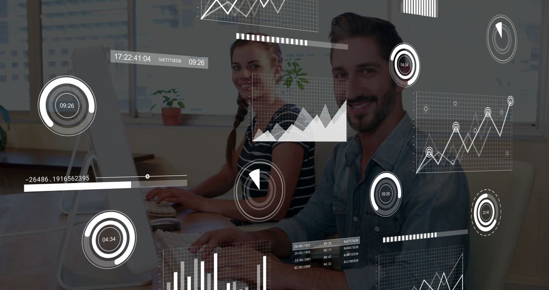 Cheerful Colleagues Analyzing Data with Virtual Charts