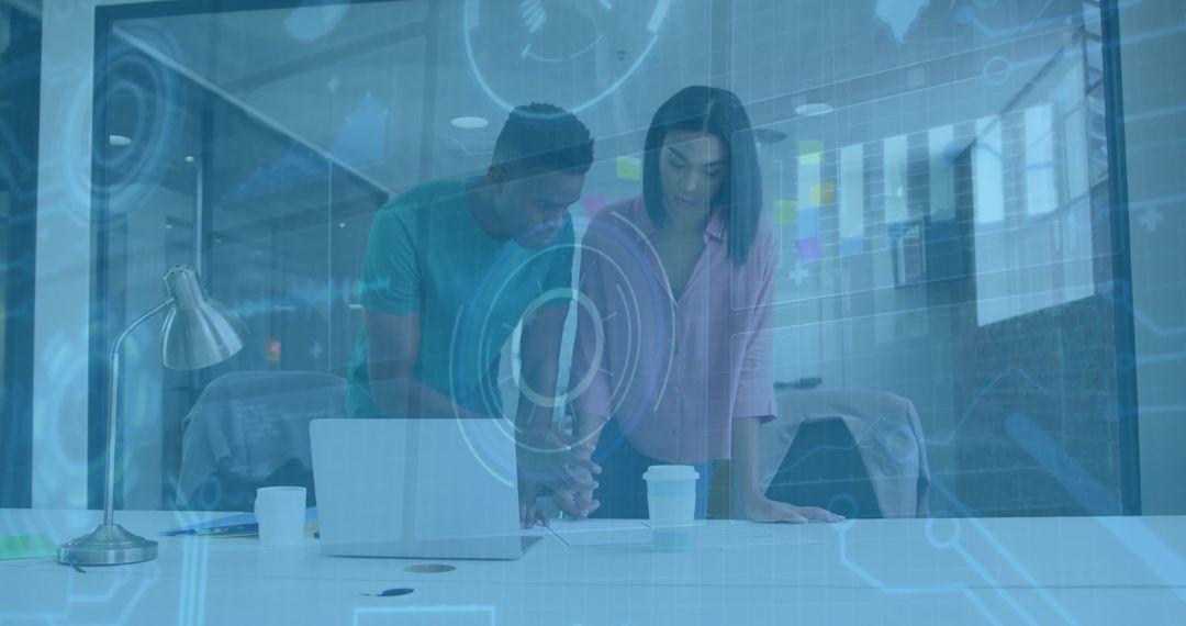 Team Analyzing Digital Data on Transparent Display in Office