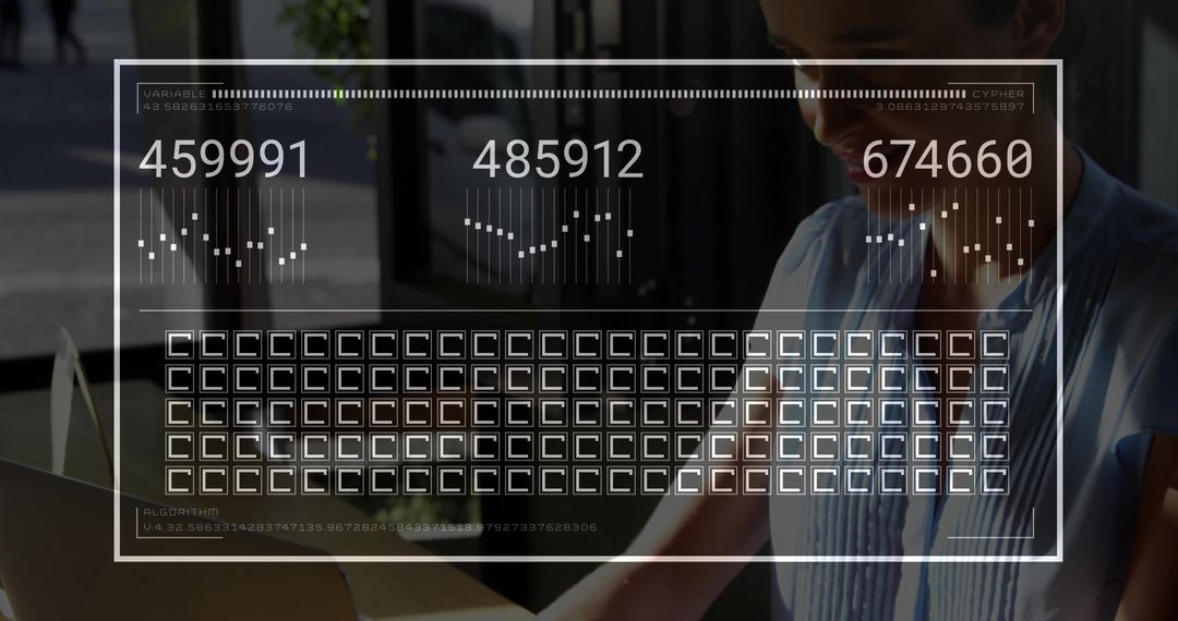 Businesswoman typing on laptop with futuristic HUD dashboard and analytics overlay