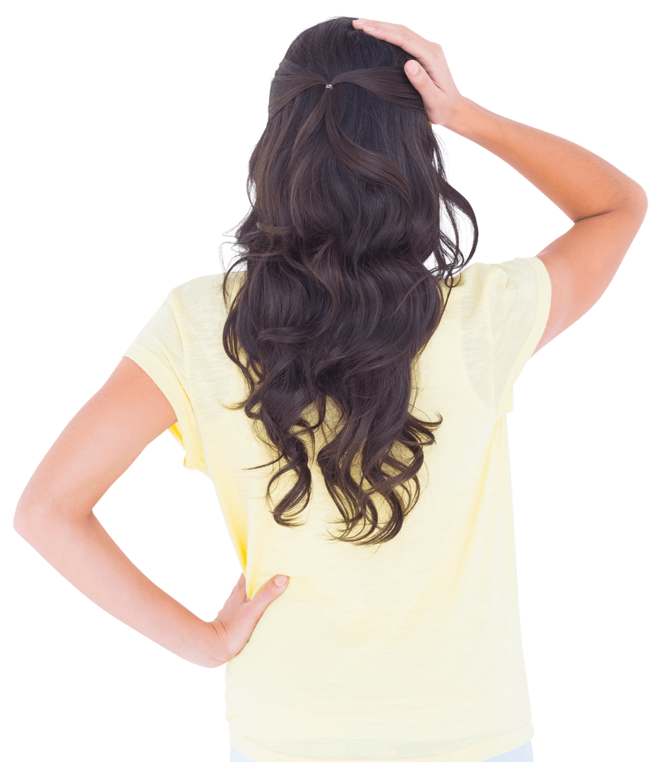 Woman with Lush Brunette Curls Seen from Behind Transparent Background
