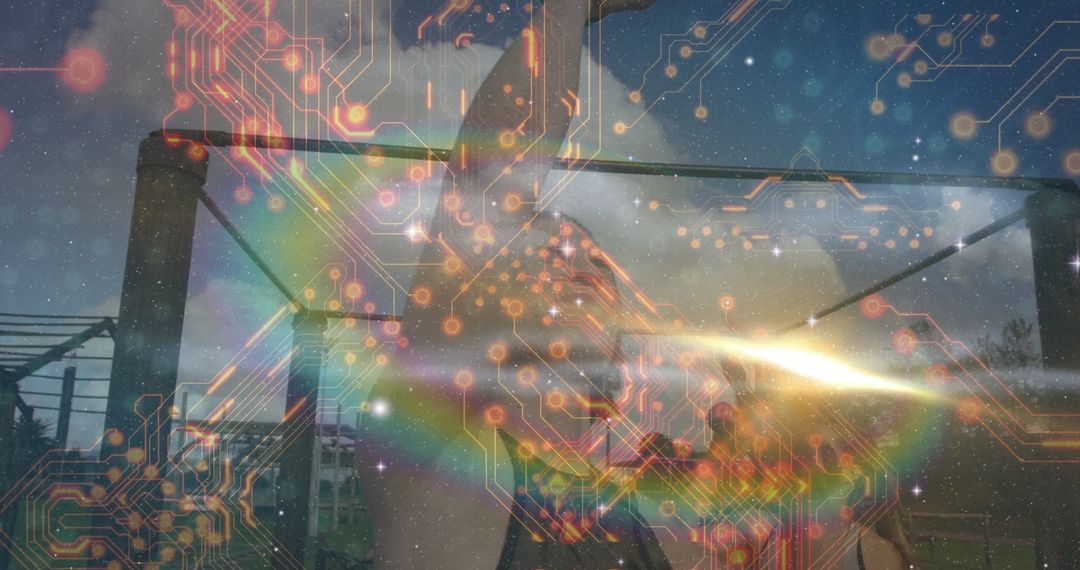 Futuristic Horse with Glowing Circuit Overlay in Pasture Setting