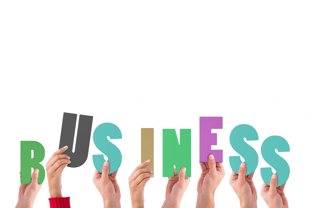 Interactive Hands Holding Business Text on Transparent Background