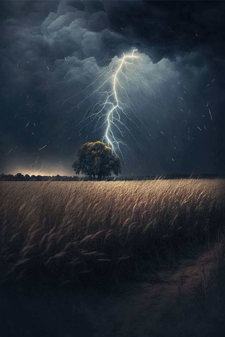 Dramatic Lightning Strike in Stormy Night Over Wheat Field - Free Images, Stock Photos and Pictures on Pikwizard.com