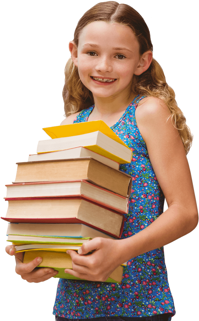 Cheerful Young Girl Carrying Heavy Stack of Books Transparent Background