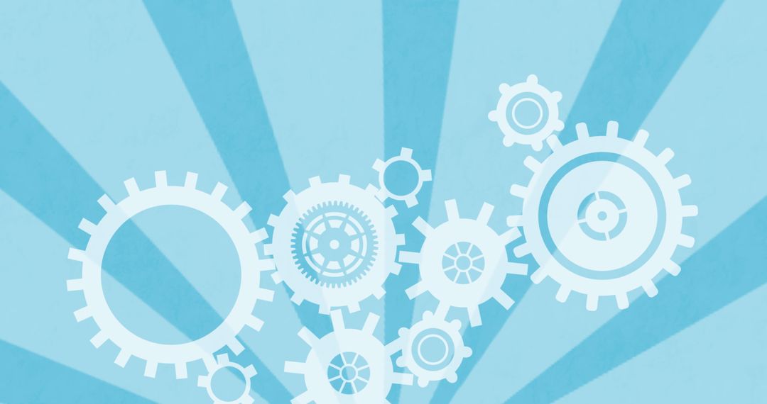 Interlocking White Cogs on Dynamic Blue Striped Background