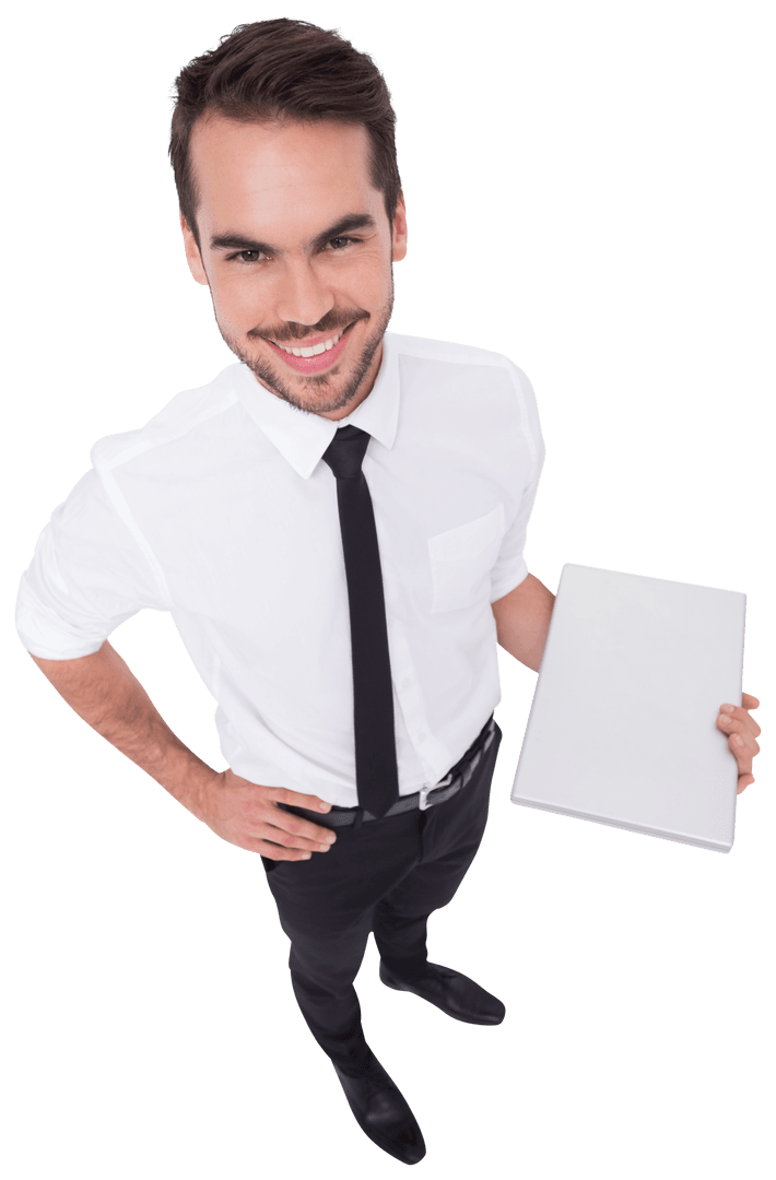 Transparent Smiling Businessman Holding Laptop in Office Attire