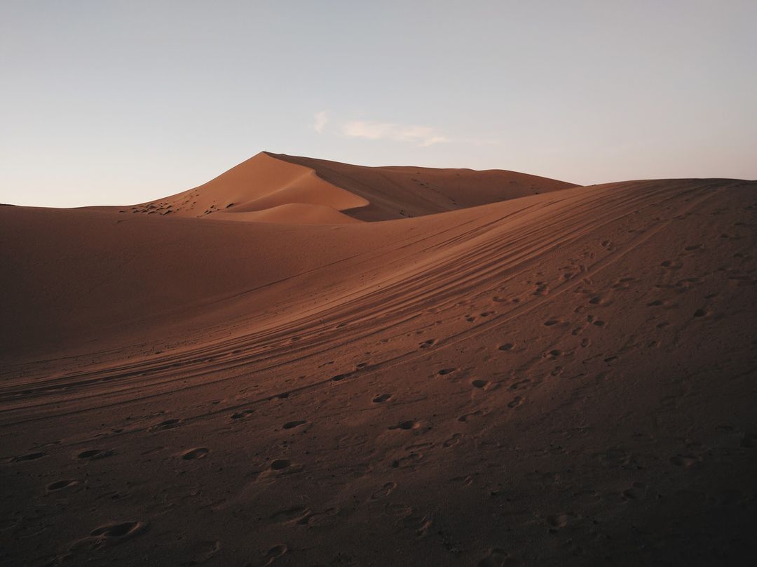 Golden Desert Dunes with Footprints during Sunset - Free Images, Stock Photos and Pictures on Pikwizard.com