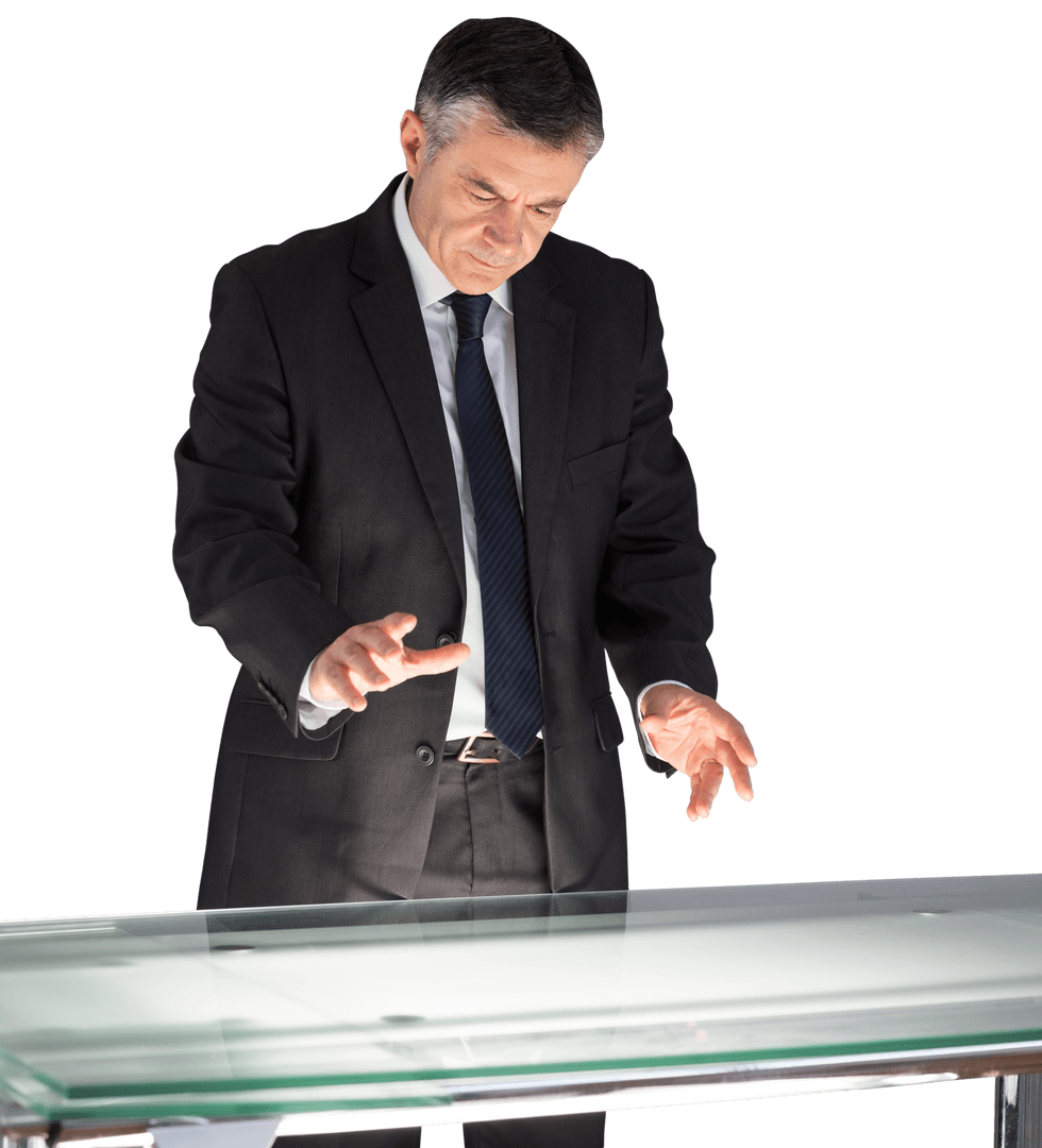 Transparent Businessman Using Interactive Glass Desk