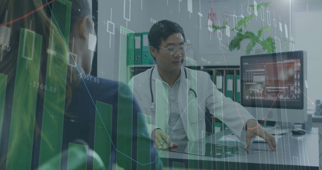 Digital Composite of Graphs Over Doctor Discussing Medical Report