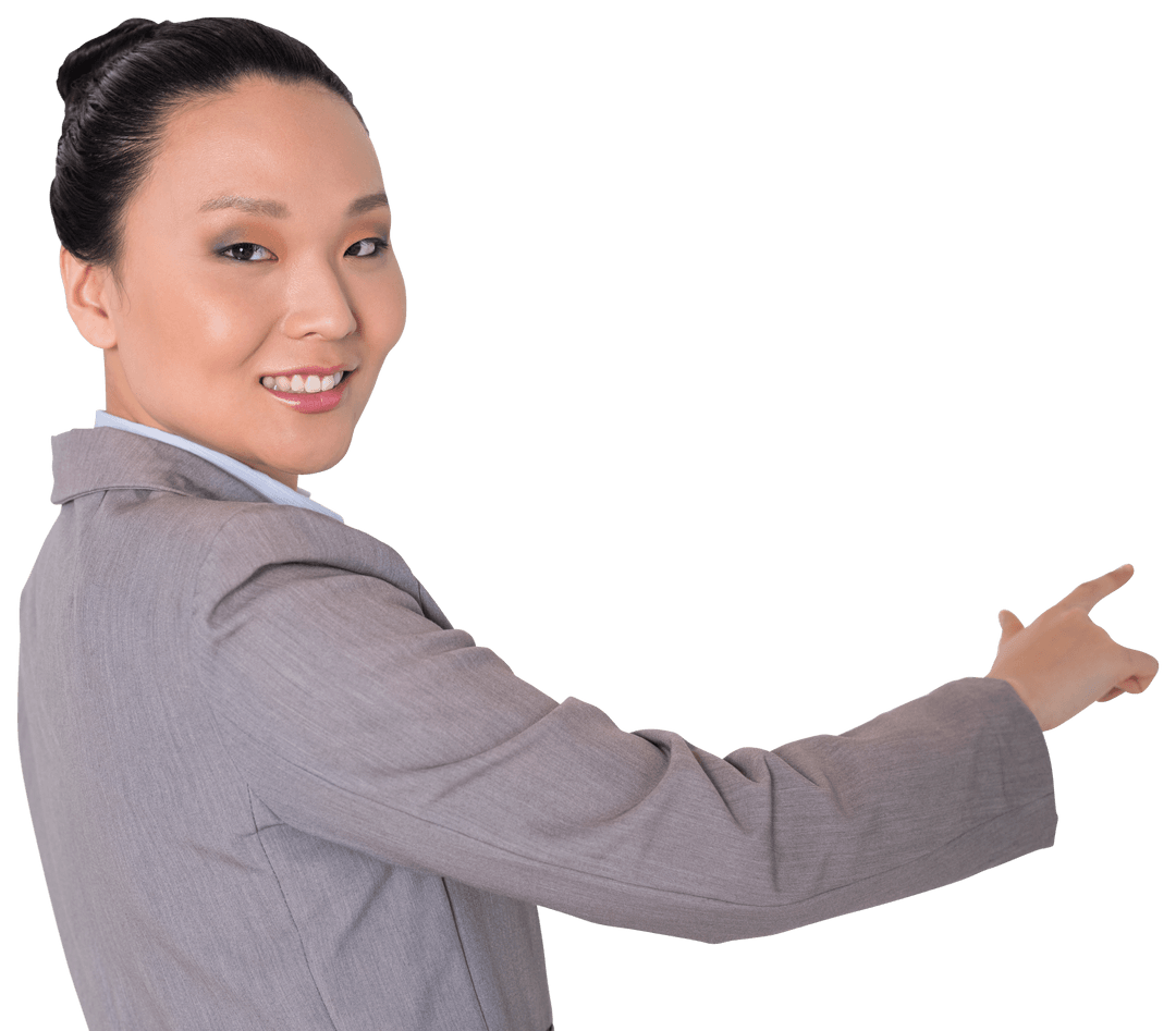 Confident Asian Woman Pointing on Transparent Background