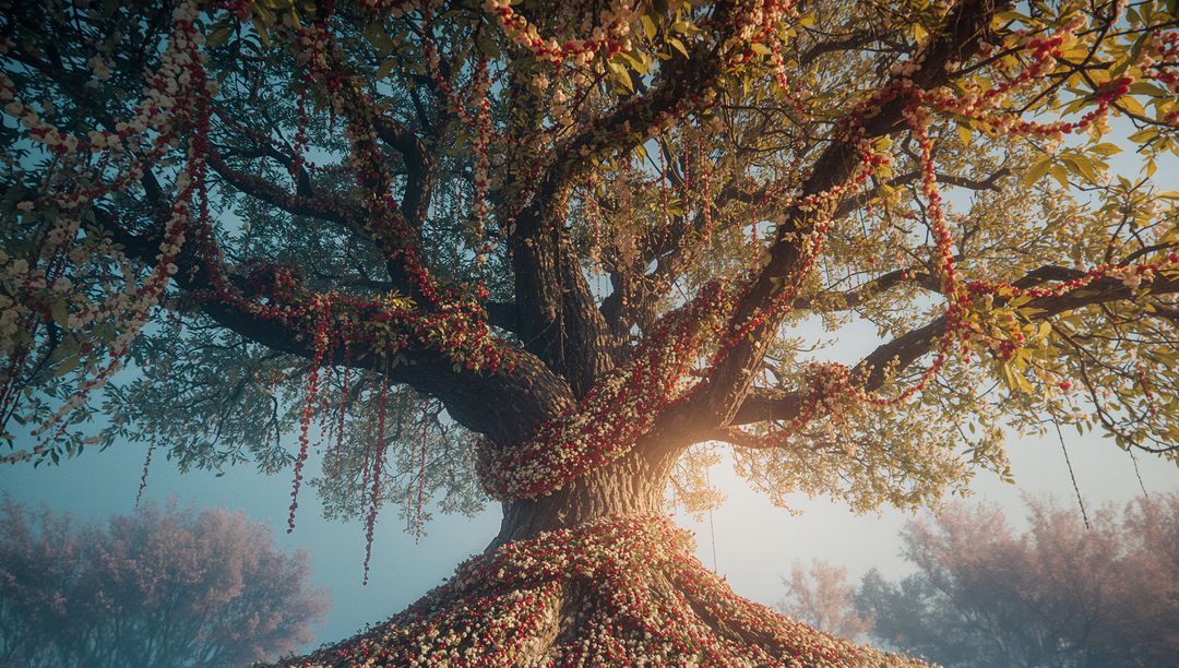 Ancient Tree with Red and White Blossoms in Misty Morning Light