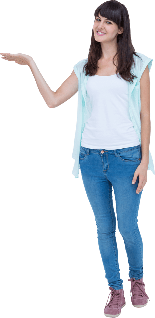 Smiling Woman Holding Out Arm in Casual Attire on Transparent Background