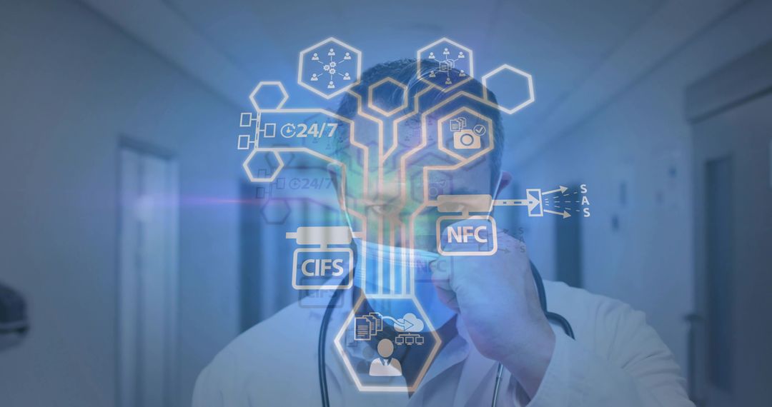 Doctor Analyzing Digital Network With Icons in Hospital Hallway