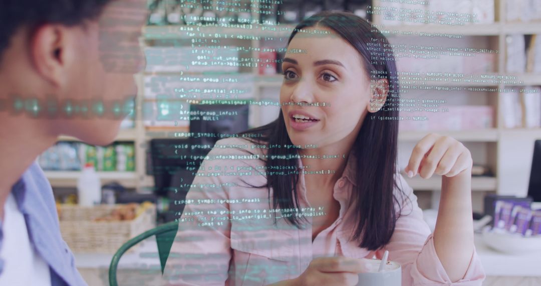 Diverse Couple Discussing Technology with Digital Interface Overlay