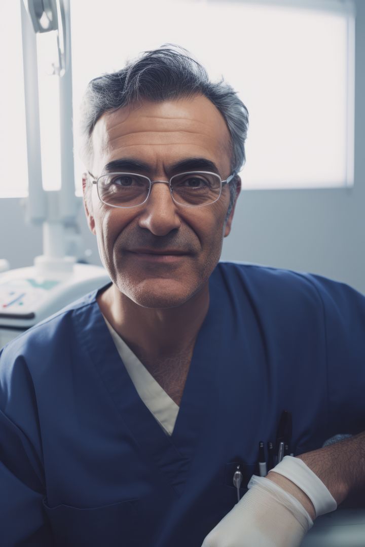 Confident Senior Doctor in Blue Scrubs with Glasses - Free Images, Stock Photos and Pictures on Pikwizard.com