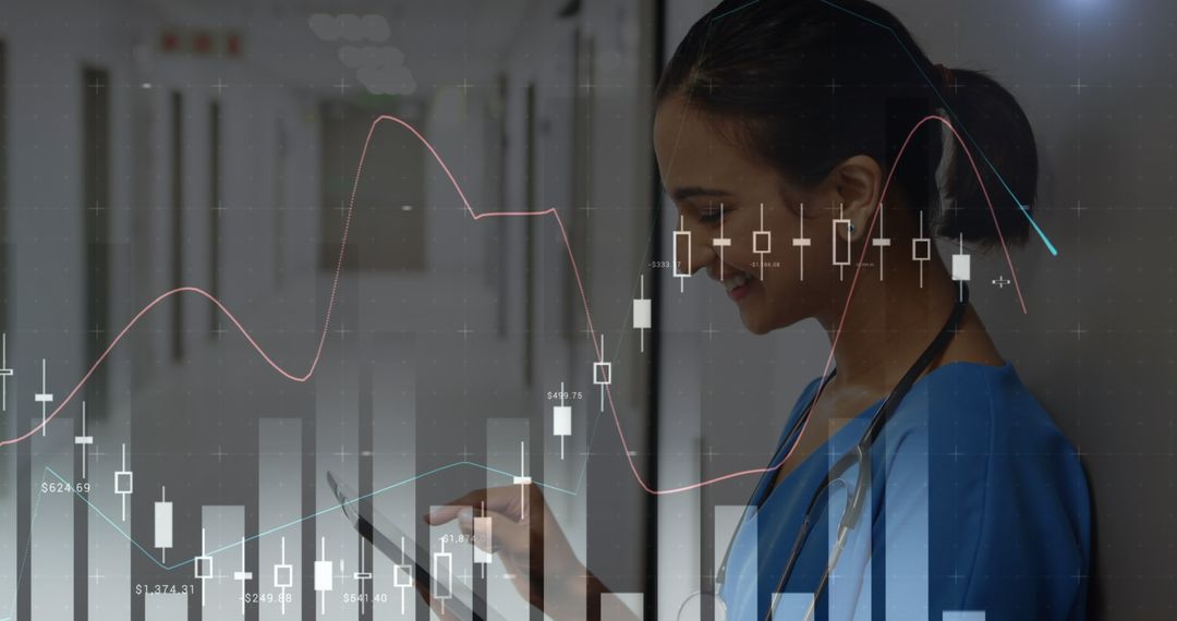 Medical Professional Analyzing Data on Tablet with Overlay Charts