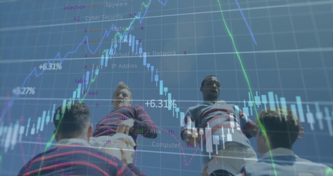 Rugby Team Huddling Amidst Financial Data Graphics